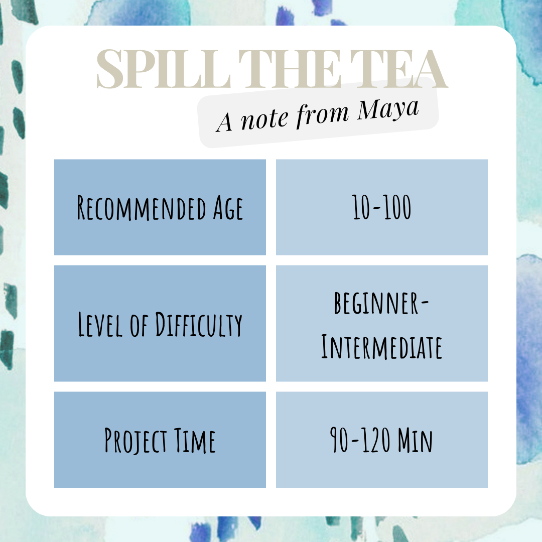 A DIY watercolor kit promotional image featuring a completed art piece of a teacup with Chinoiserie techniques and succulents, along with a pen and brush for the kit.