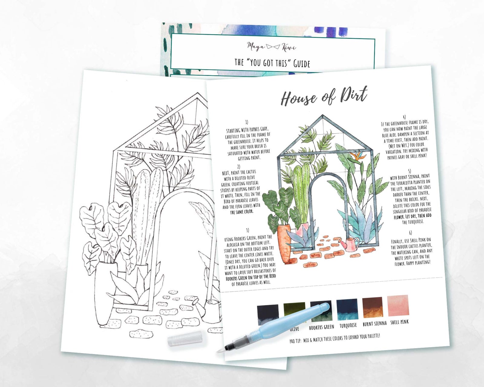 A DIY watercolor painting kit promotional image featuring a outlined illustration of various plants and a structure, with a pen and watercolor palette.