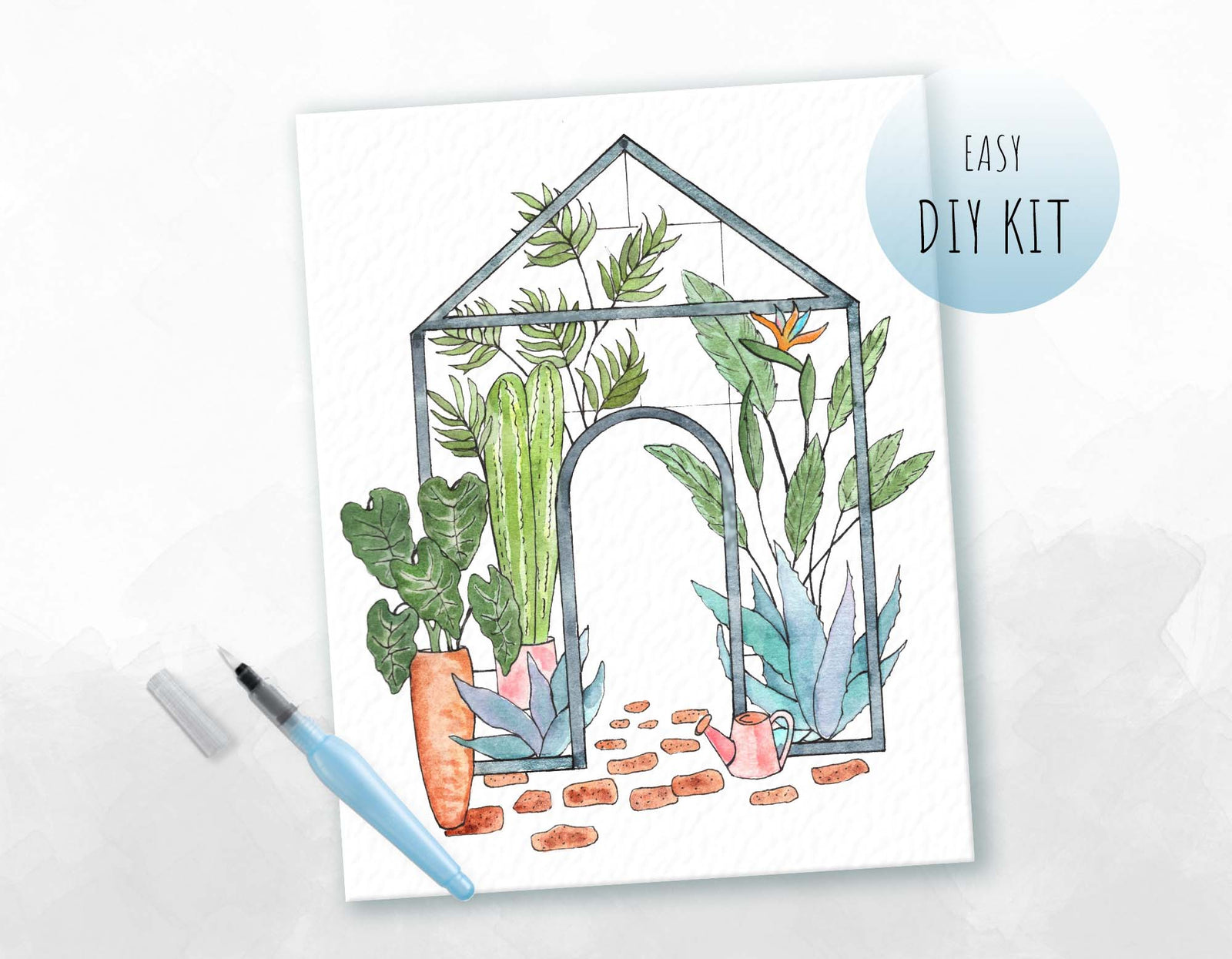 A DIY watercolor painting kit promotional image featuring a outlined illustration of various plants and a structure, with a pen and watercolor palette.